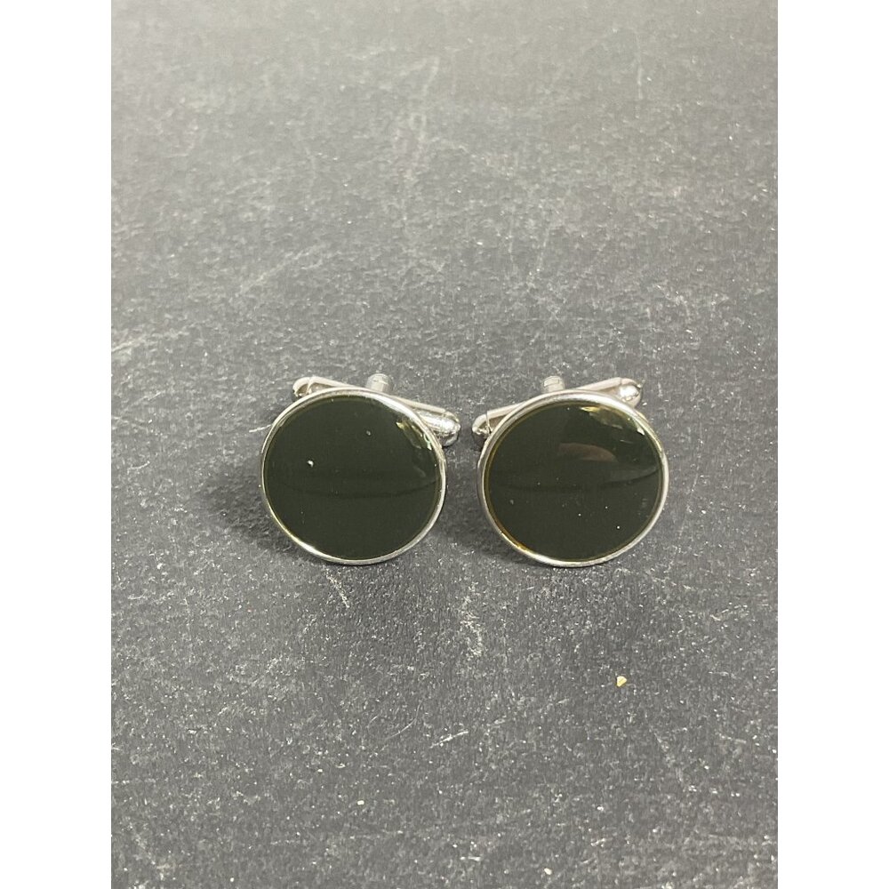 Mens Round Black & Silver Cufflinks Classic Design